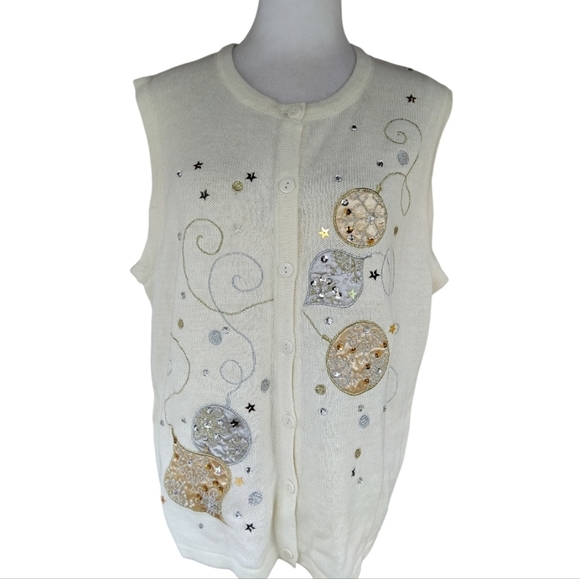 CDP & Co. Cream Embroidered Ornaments Sequin Holiday Cotton Vest Size Large - Picture 2 of 6